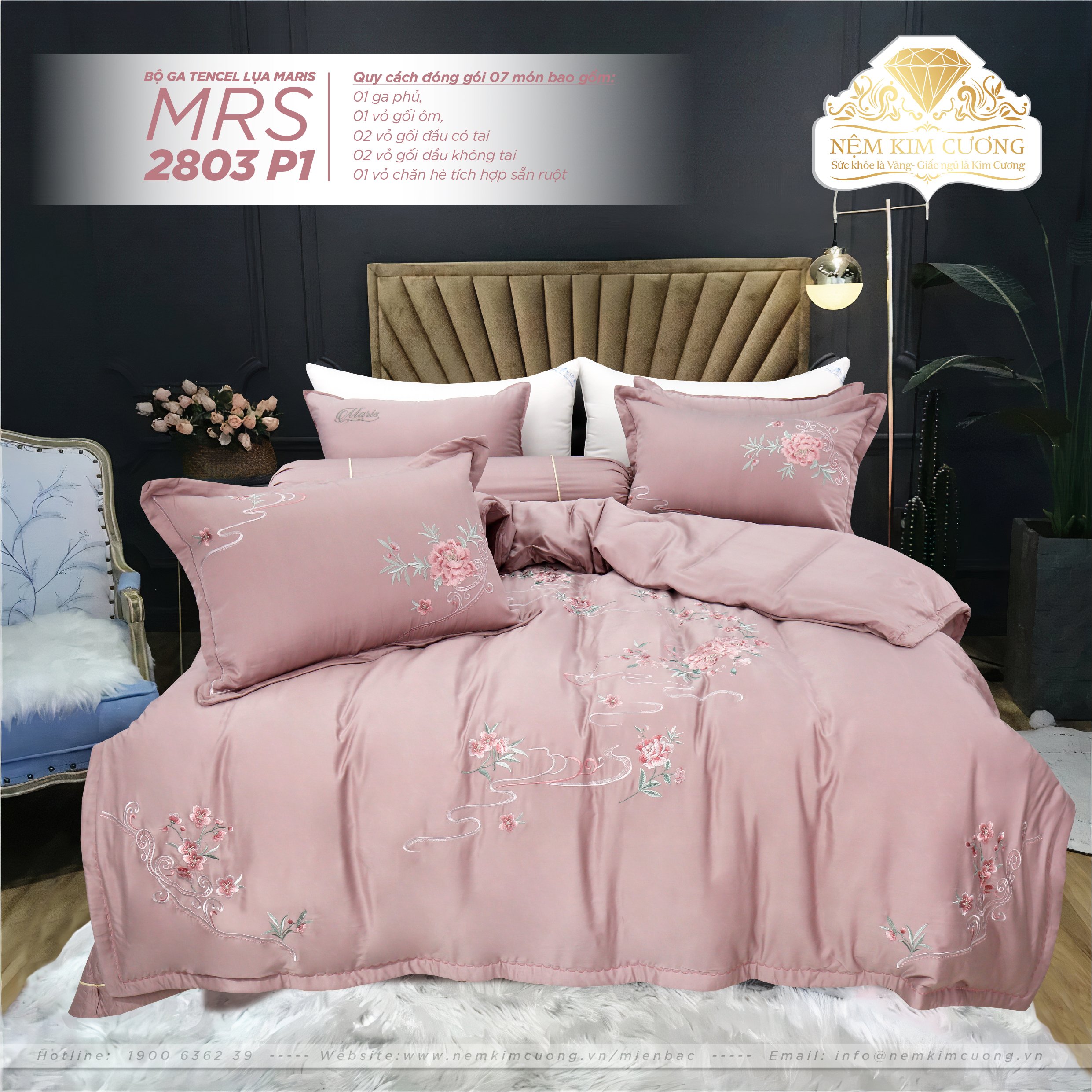 BỘ CHĂN GA LỤA TENCEL KIM CƯƠNG MSR2805 PHÙ HỢP XU HƯỚNG HIỆN ĐẠI, MẪU MỚI NHẤT MÙA ĐÔNG 2022-2023 : bộ tiêu chuẩn 7 món gồm: +01 chăn liền ruột +01 ga chần phủ +04 vỏ gối đầu +01 vỏ gối ôm, chất liệu vải cao cấp Hàn Quốc