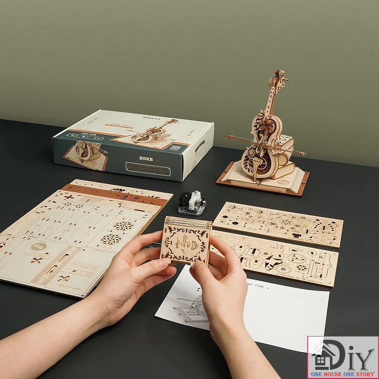Hộp âm nhạc bằng gỗ Music Box 3D DIY - Đàn cơ động học ROKR Magic Cello DIY Wooden Puzzle AMK63 tự lắp ráp bằng gỗ