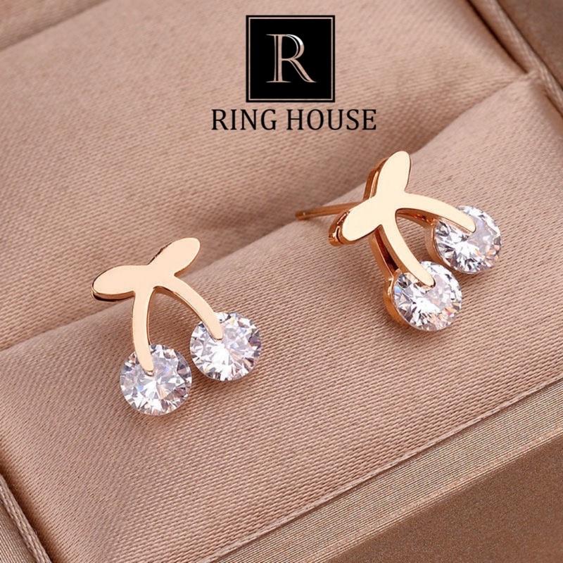 Khuyên Tai Bông Tai Nữ Cherry Xinh Titan Không Đen Đính Ngọc Ring House