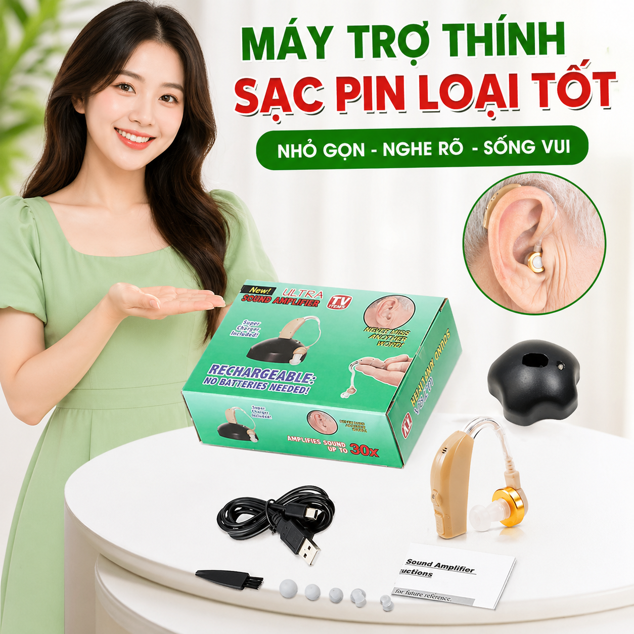 Tai Nghe Hỗ Trợ Thính Giác Mini – Thiết Bị Sạc Điện Không Dây, Âm Thanh Ổn Định, đèn trang trí, đồng hồ treo tường
