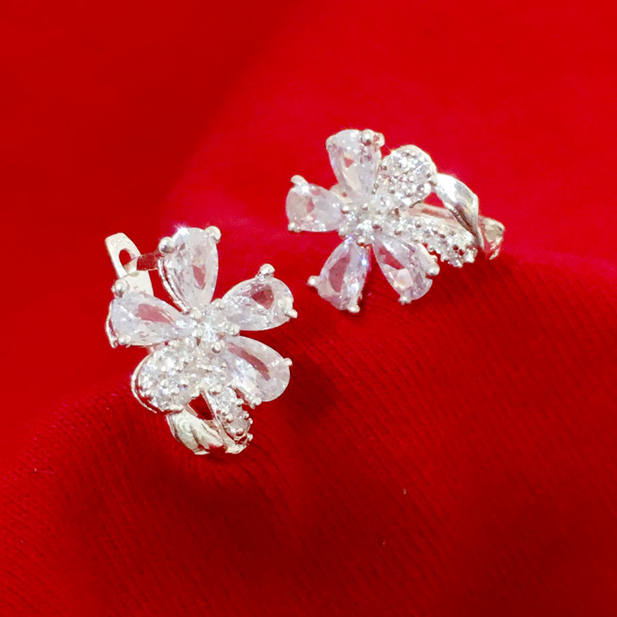 Bông tai Bạc Quang Thản kiểu khóa bật đeo sát tai đính đá cobic cao cấp - QTBT103