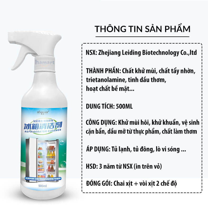 Xịt Khử Mùi Vệ Sinh Tủ Lạnh Chai 500ml Xịt Tạo Bọt Làm Thơm Sạch Tủ Đông Hiệu Quả Tiện Lợi