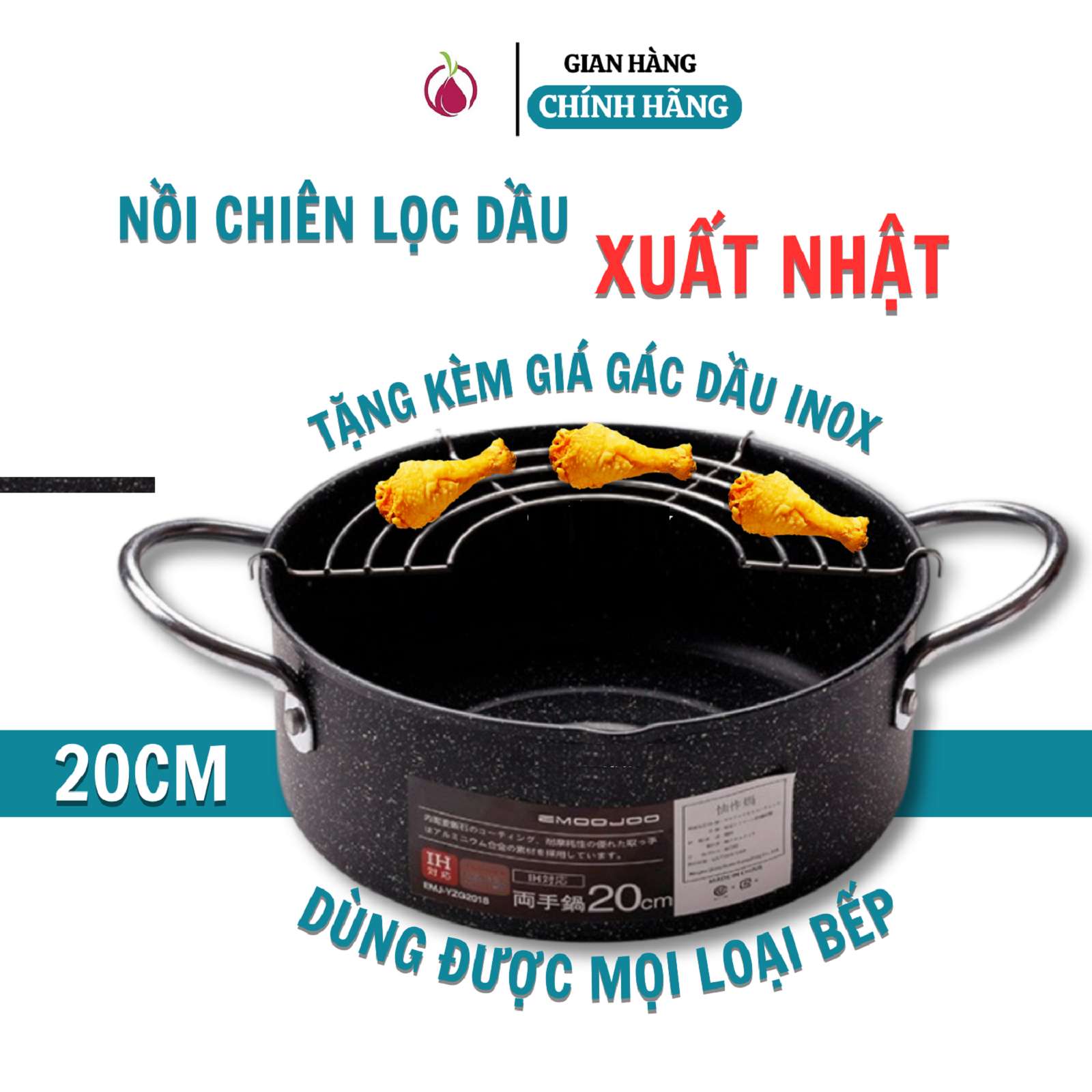 Nồi chiên rán ngập dầu chống dính kèm khay ráo dầu có tay cầm 20cm Nhật Bản, sử dụng được trên mọi loại bếp từ, gas, hồng ngoại, Hàng chính hãng EmooJooKittchen