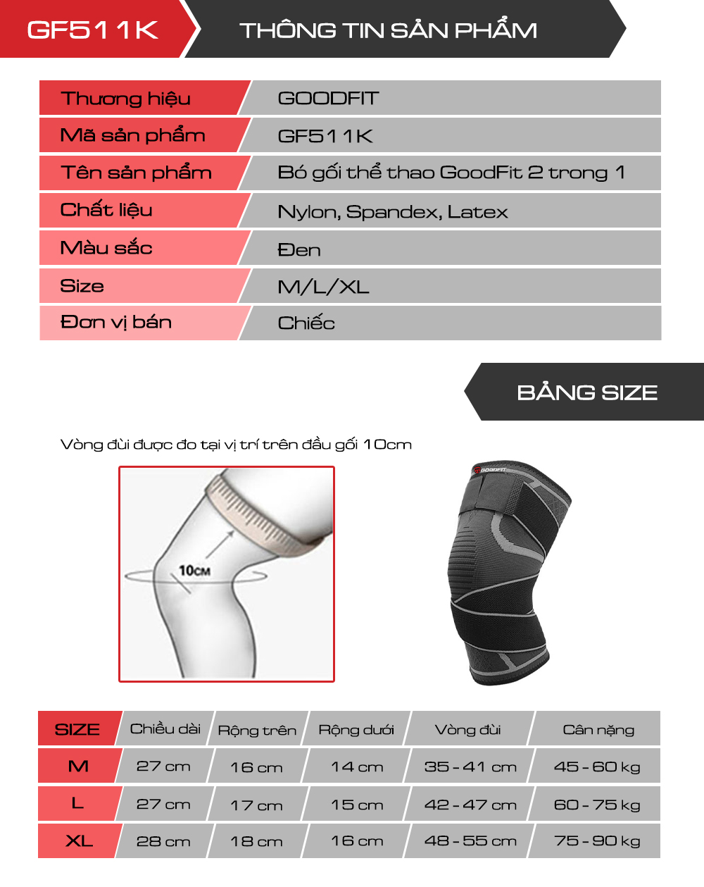 Bó gối thể thao GoodFit 2 trong 1 GF511K (1 chiếc) Bó gối, băng gối thể thao GoodFit dày dặn co giãn 4 chiều, bó gối bóng chuyền kèm dây quấn trợ lực chắc chắn