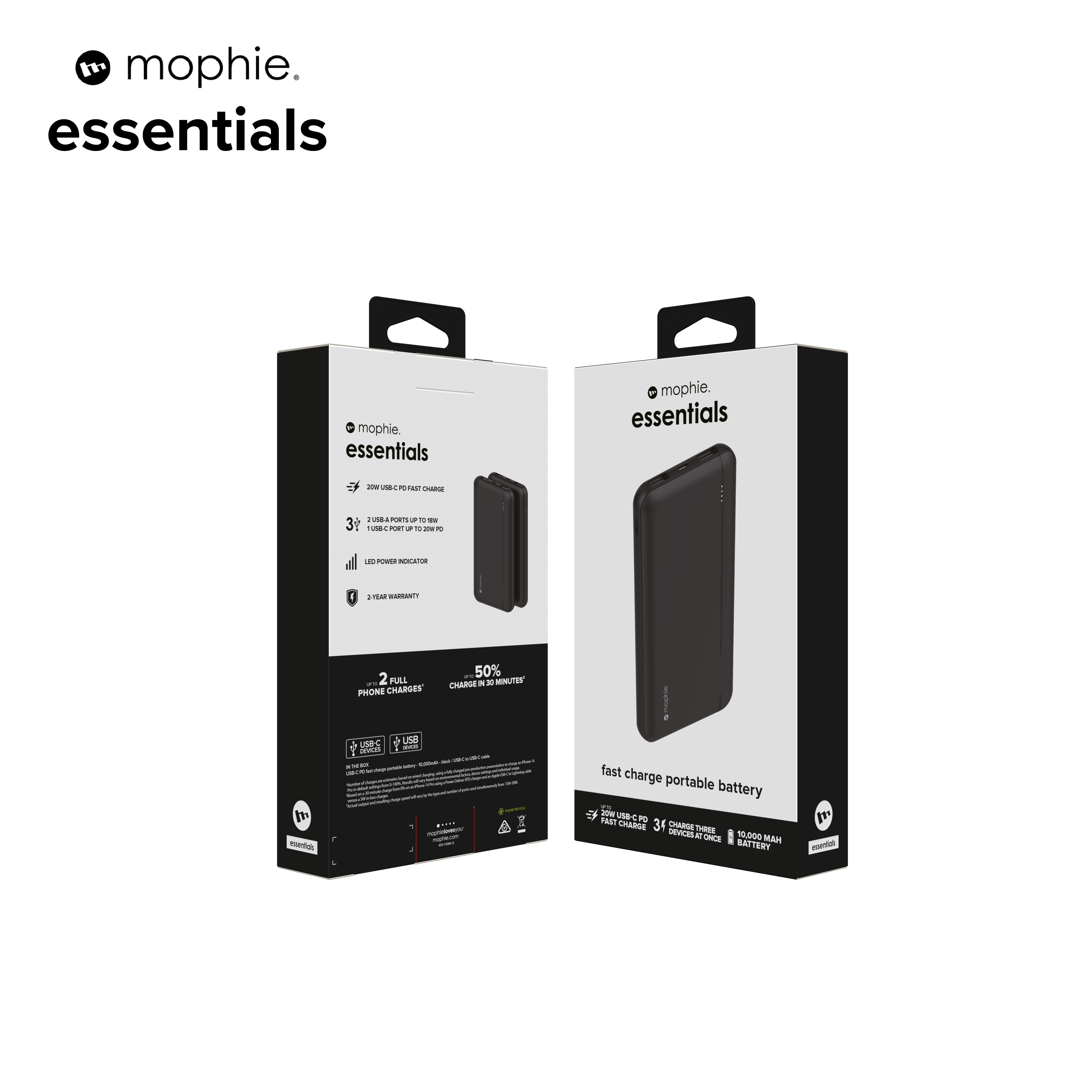 Sạc dự phòng Mophie Essentials 10.000mAh/3.7V PD20W 2 USB-A 1 USB-C, bảo hành 12 tháng - Hàng chính hãng