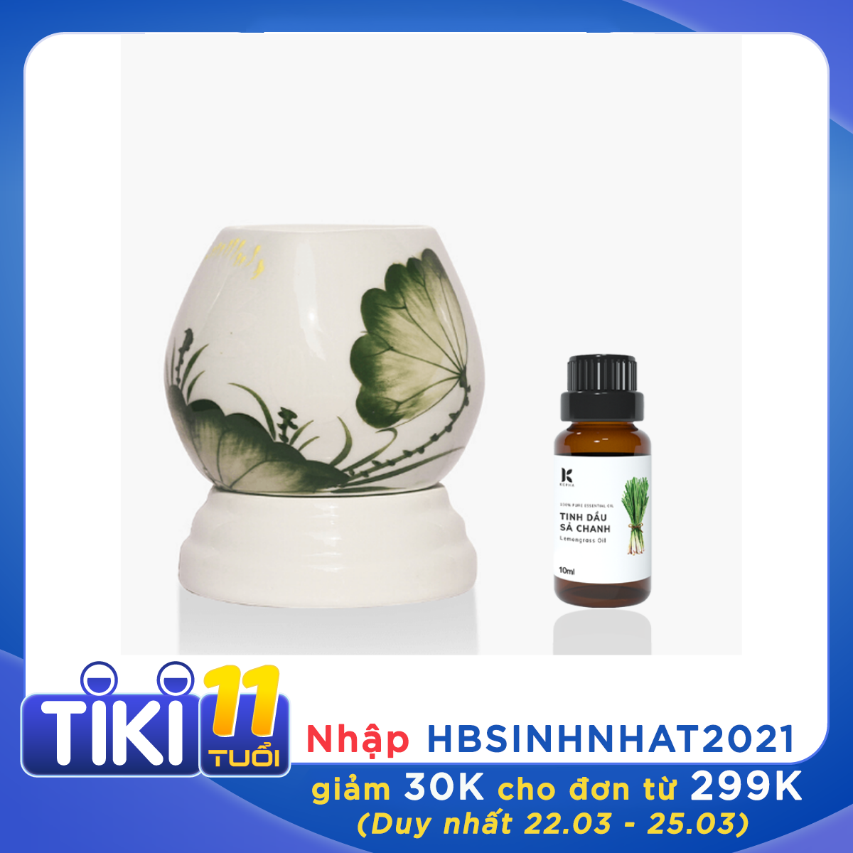 Đèn xông tinh dầu Tặng 1 lọ tinh dầu | Đèn xông MD026 Kepha + Tặng 1 lọ tinh dầu Sả Chanh 10ml | Đèn xông tinh dầu gốm sứ cao cấp. Họa tiết lá sen, đài sen màu xanh dịu