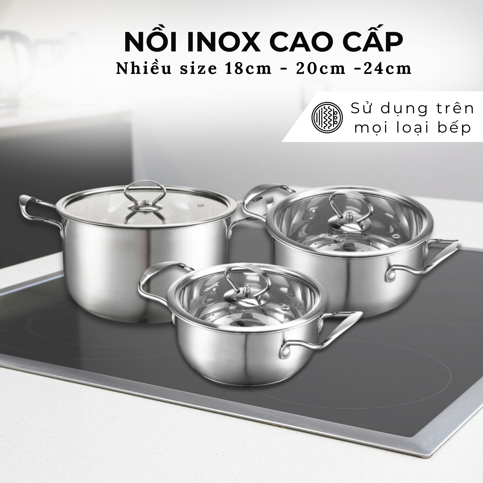 Nồi inox bếp từ 5 đáy, inox 304 cao cấp siêu bền Daelux (18cm,20cm,22cm,24cm)