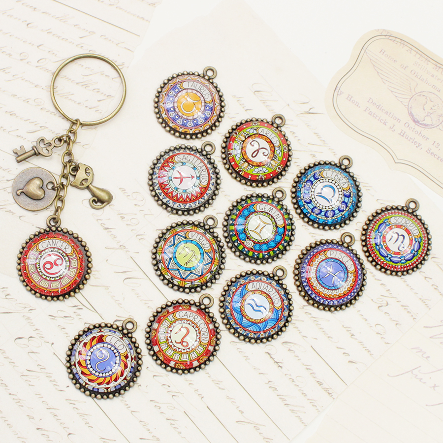 Móc khóa 12 cung hoàng đạo Zodiac màu sắc tươi sáng phong cách retro siêu đẹp 06646-MK0025