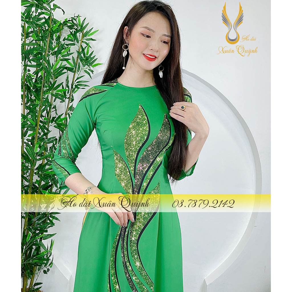 Áo Dài Chấm Bi Hoạ Tiết PolkaDot Xanh Lá Siêu Tôn Dáng, Sang Trọng Lụa Habutai Cao Cấp K72
