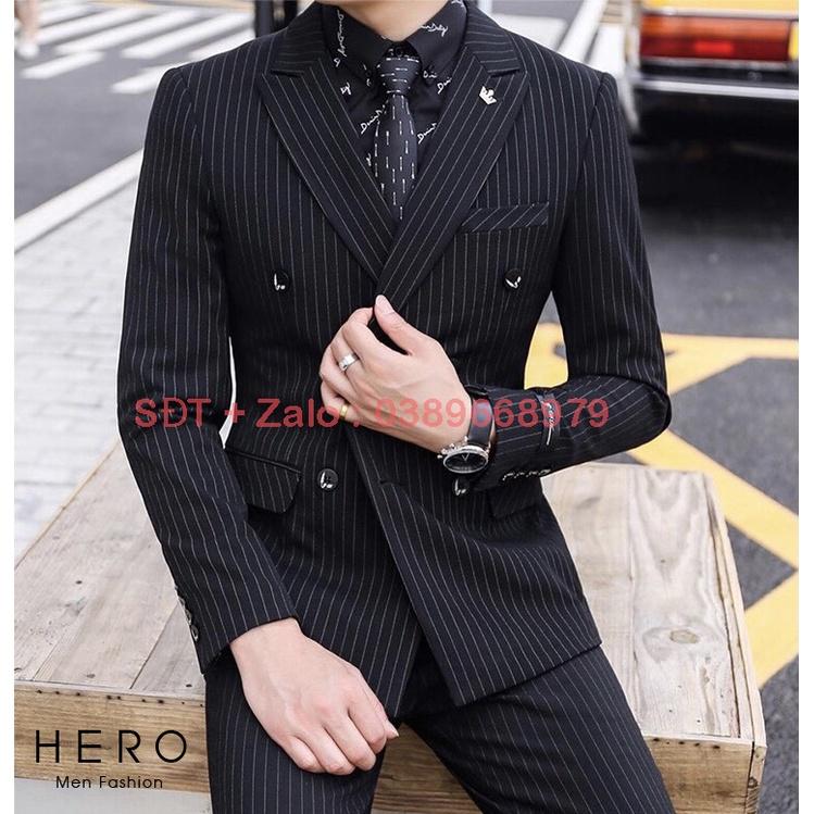 Bộ Vest Nam Cao Cấp 6 Cúc kẻ sọc màu đen, Suit Nam Hàn Quốc Kẻ Sọc, Fom Ôm Đẹp, Chất Vải Sịn