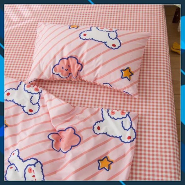 Bộ vỏ chăn ga gối Cotton Poly gấu hồng phối sọc, vỏ chăn mền, drap giường và 2 vỏ gối