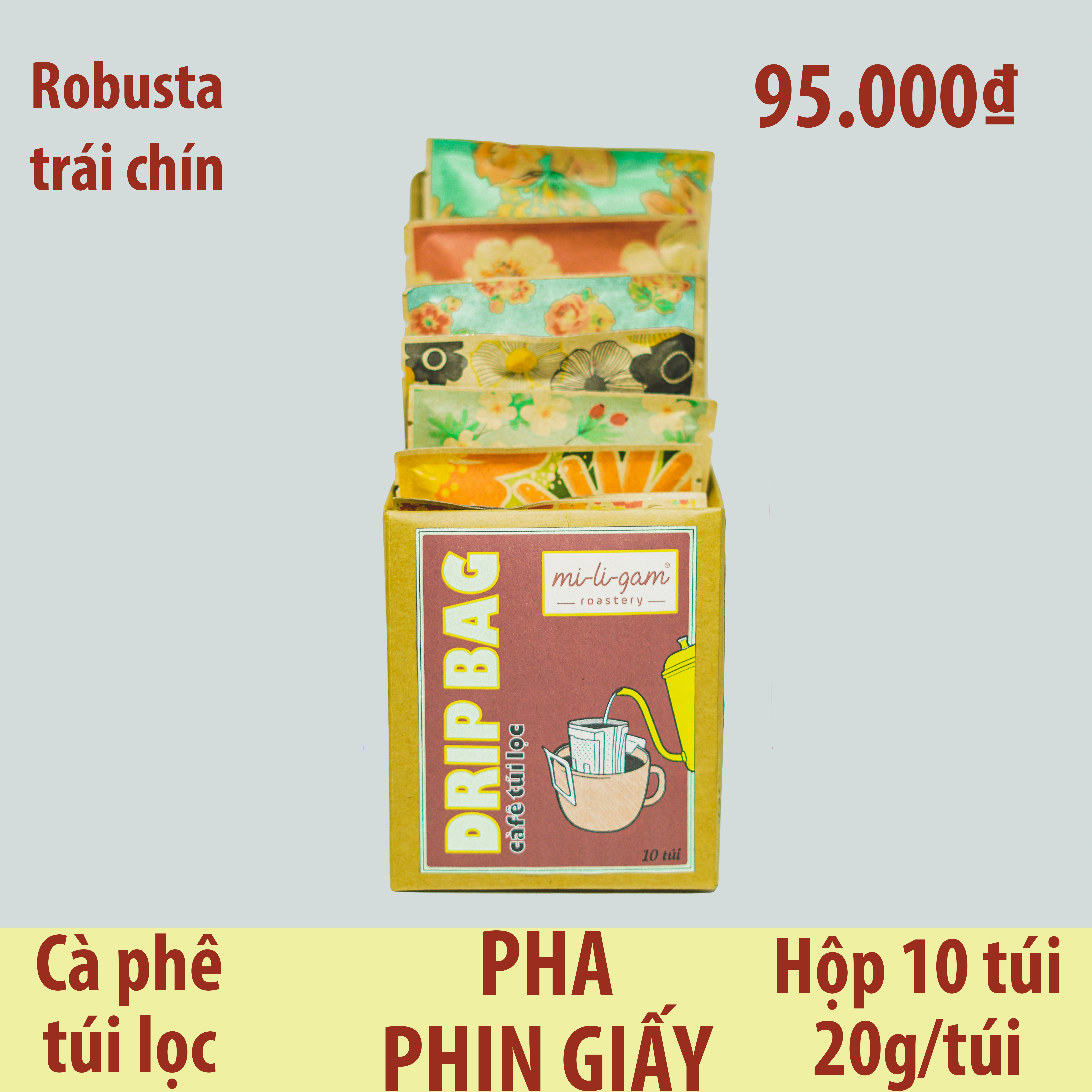 Cà Phê Robusta - Hộp 10 Túi Lọc x 20g | mi-li-gam roastery #miligam cà phê nguyên bản rang xay túi lọc pha phin giấy