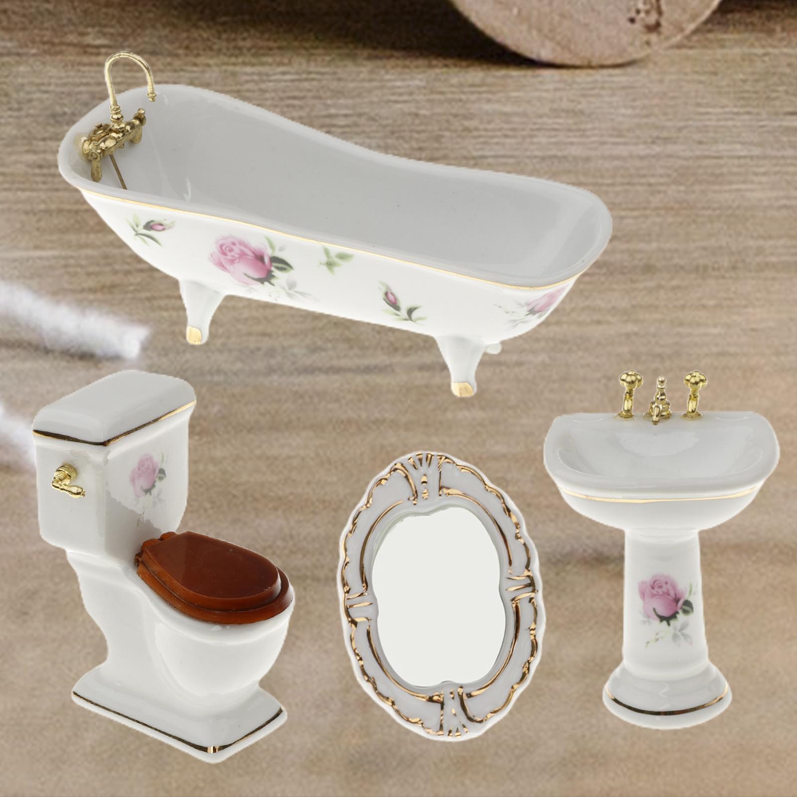 Bathroom Decor Floral Toilet Bathtub Set Dollhouse Miniature Accs 1:12 #5