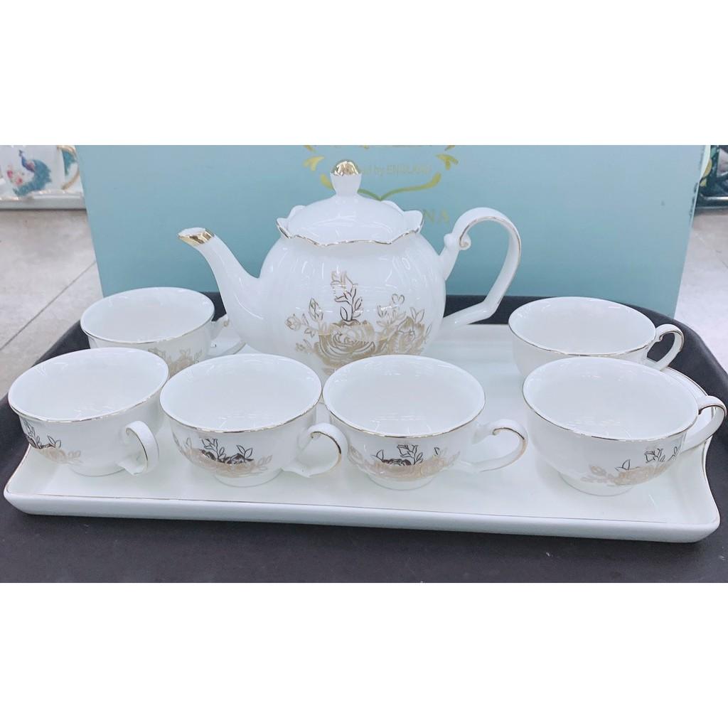 Bộ ấm chén pha trà kèm khay sứ trắng hoa hồng bạc