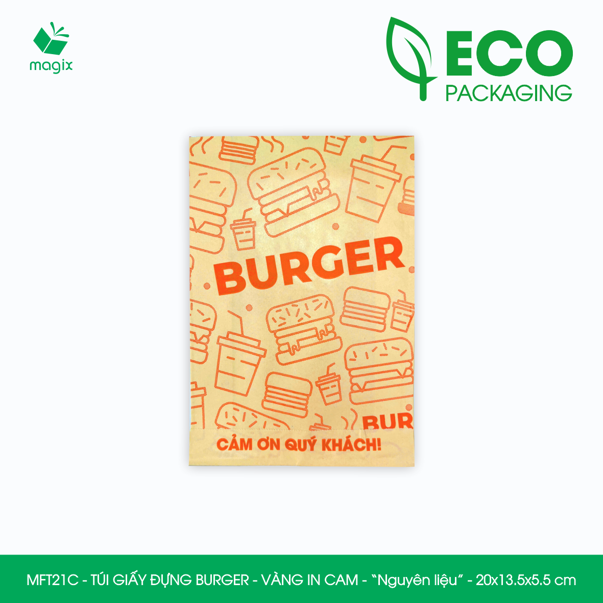 MFT21C - 20x13.5x5.5 cm - 100 Túi giấy Kraft đựng hamburger, túi giấy burger, túi đựng thực phẩm