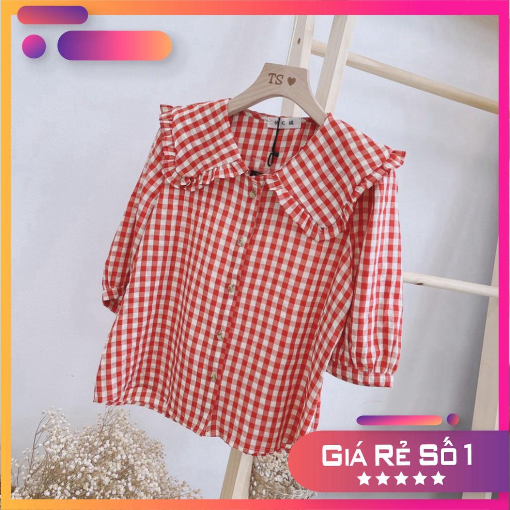 ÁO SƠ MI KẺ ĐỎ CỔ BÈO TAY LỠ SIÊU HOT SM43 kèm video+ảnh thật huongmitxu