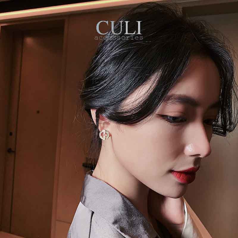 Khuyên tai bạc S925, khoen tròn đính đá, phối xà cừ sang trọng HT665 - Culi accessories