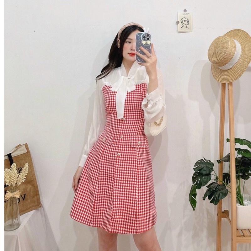 FREE SHIP Đầm thiết kế dạ kẻ phối voan thanh lịch sang chảnh KGIA DS
