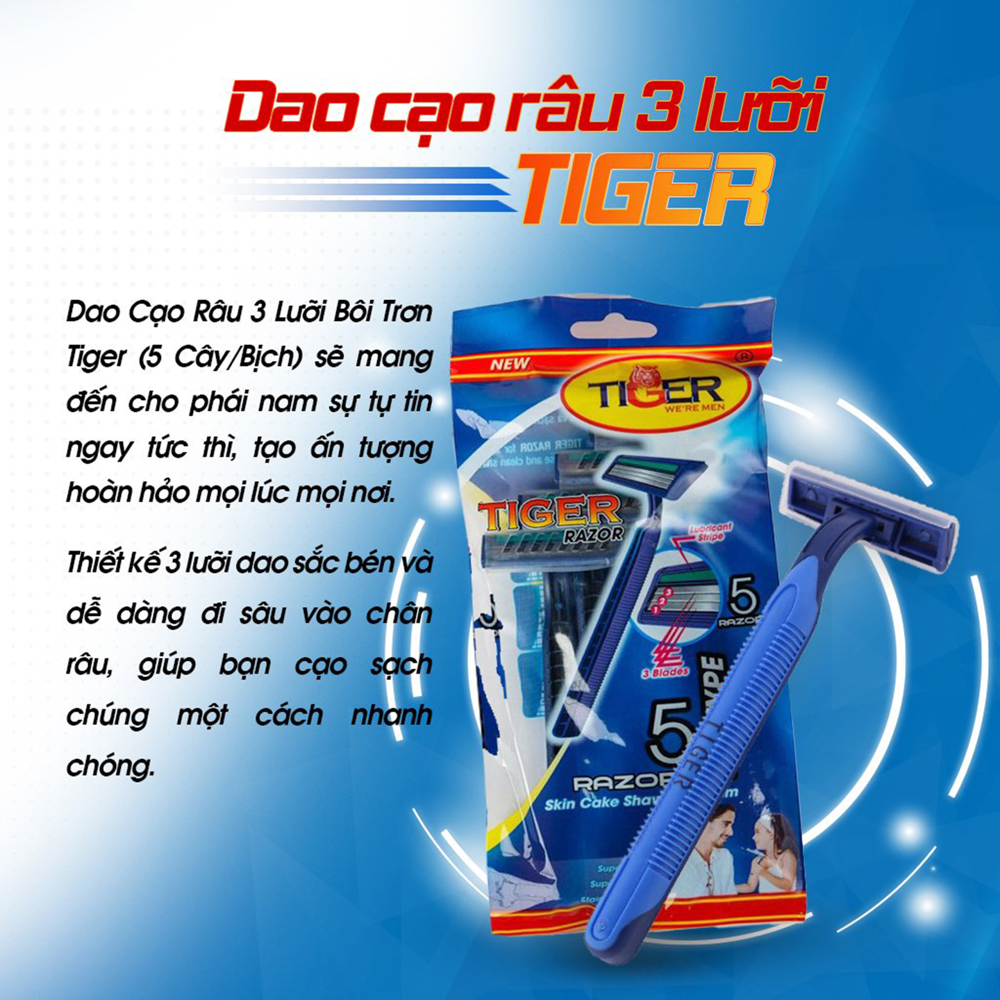 Combo 4 bịch dao cạo râu 3 lưỡi Tiger We're Men (5 cây/ bịch) - xài 1 lần tiện lợi mang lên máy bay đi du lịch được, 3 lưỡi dao kép  sắt bén, không gỉ sét