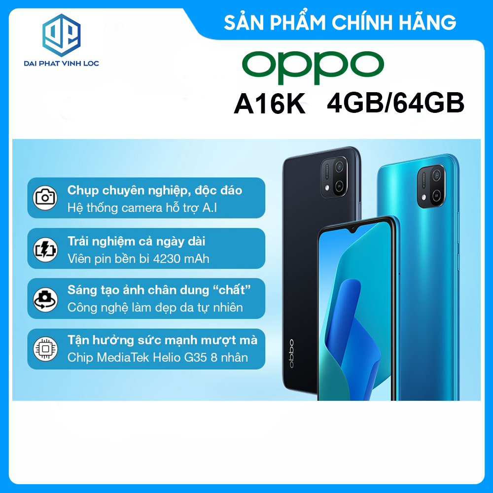 Điện thoại Oppo A16K (4GB/64GB) -Hàng Chính Hãng, Mới 100% | Bảo Hành 12 Tháng - Mới Nguyên Seal - Điện Thoại Giá Rẻ