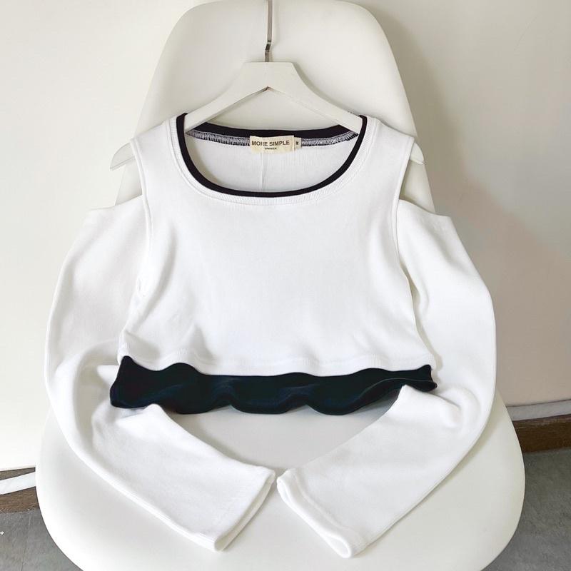 Áo Croptop Nữ Tay Dài DAILY Phối Layer Xẻ Vai Vải Thun Gân Ulzzang