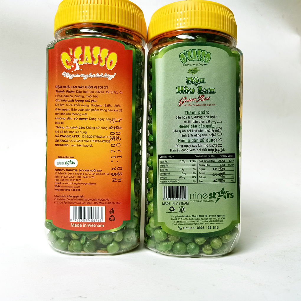 Combo 2 hộp Đậu Hòa Lan Sấy Giòn Vị Tỏi Ớt_Đậu Hòa Lan Sấy Giòn Vị Muối O'Casso