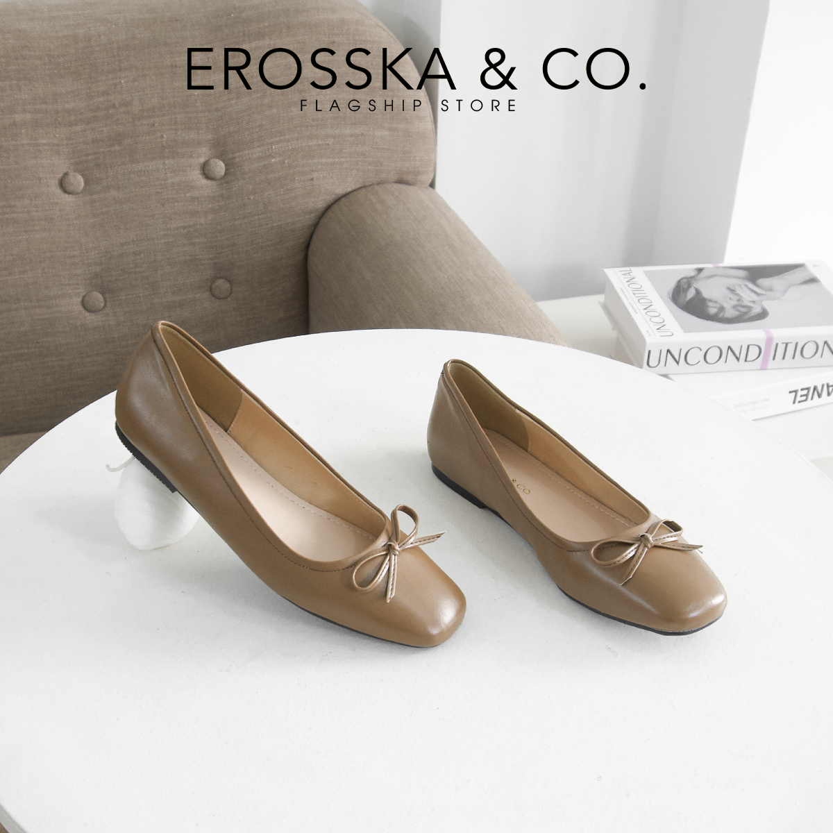 Erosska - Giày búp bê nữ đế bệt mũi tròn siêu êm đính nơ xinh xắn- EF015
