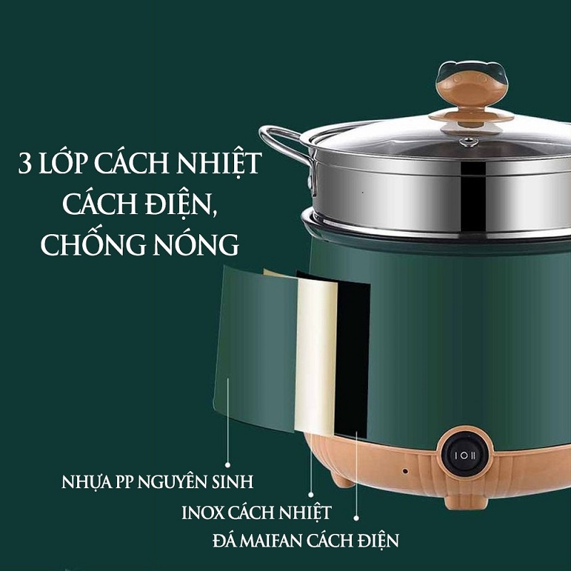 Nồi lẩu điện mini đa năng 2 tầng chống dính kèm giá hấp Inox ( Chiên, Xào, Nấu Nướng ) với 2 nấc nhiệt tiện lợi.