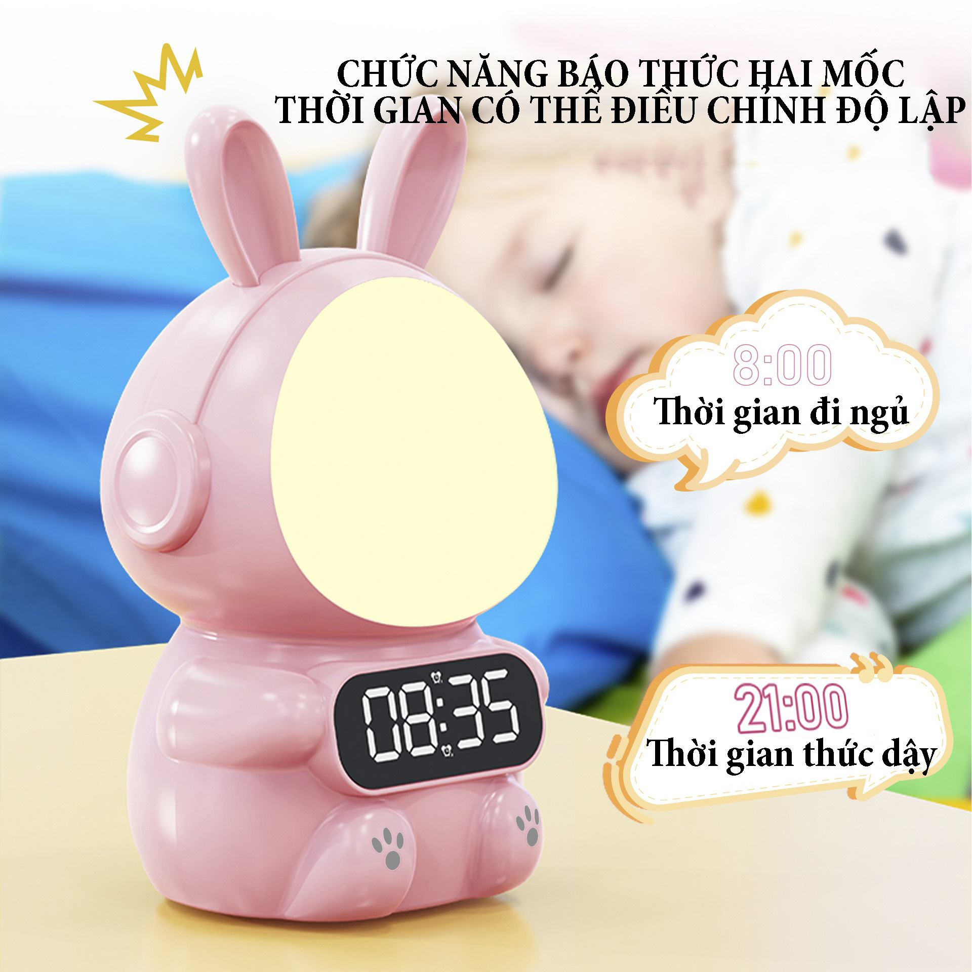 Đồng hồ xem giờ tích hợp đèn ngủ Rabbit điều khiển bằng giọng nói chức năng báo thức điều chỉnh độ sáng 4 cấp, pin sạc dung lượng 1500mA