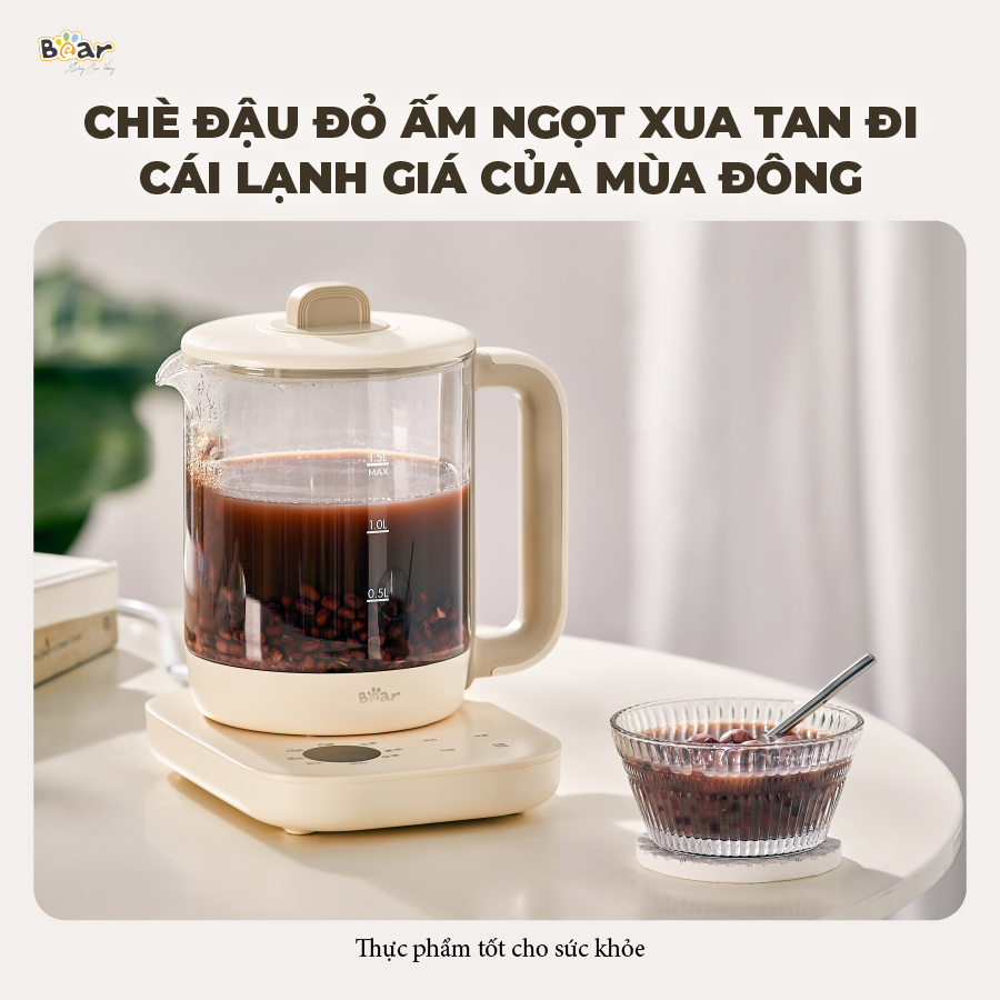 Bình Pha Trà BEAR 1,5L Thủy Tinh Đun Nước Giữ Nhiệt, Hẹn Giờ, Có Lưới Lọc, công suất 1000W - SB - PT15K-Hàng Chính Hãng