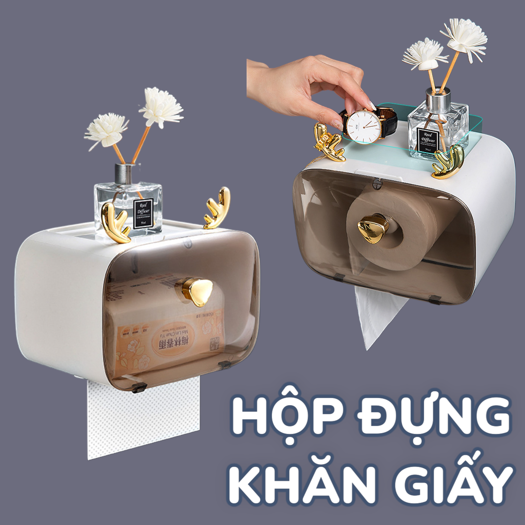 Hộp đựng khăn giấy, hộp khăn giấy, nhựa PP hoạ tiết sừng nai dễ thương, màu trắng sang trọng