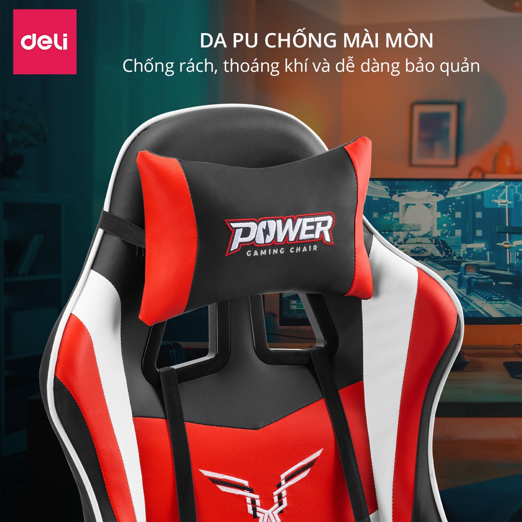 Ghế Gaming Chơi Game Deli - Bọc Da Cao Cấp - Có Gác Chân Gối Tựa Lưng, Đầu Nâng Hạ Ngả Lưng - Phù Hợp Game Thủ Streamer  Văn Phòng Làm Việc Học Sinh - Hàng Chính Hãng - E4927