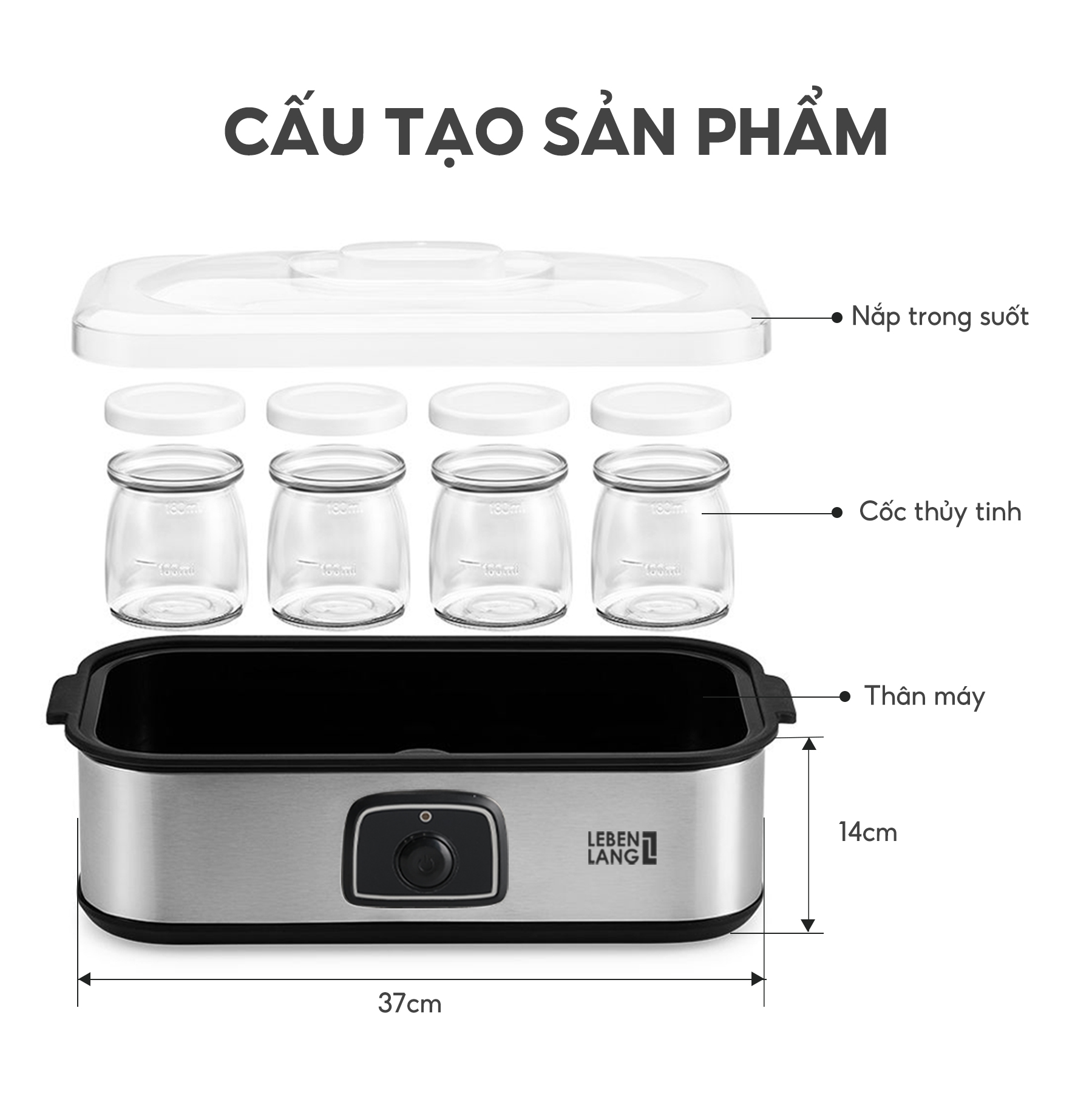 Máy làm sữa chua Lebenlang LBL9139, công suất 20W, dung tích 180ml, gồm 8 lọ thủy tinh, bảo hành 2 năm - hàng chính hãng