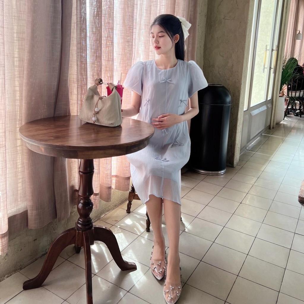 Đầm bầu tơ phom suông đính nơ nhẹ nhàng, dễ thương, sang chảnh - Hồng