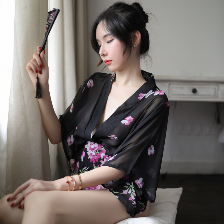 Áo choàng kimono xuyên thấu đồ ngủ gợi cảm phối ren sang trọng