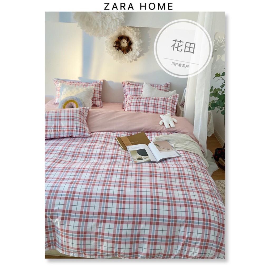 Bộ chăn ga Cotton Poly M2T bedding chăn ga Hàn Quốc họa tiết kẻ đỏ kép đủ size miễn phí bo chun