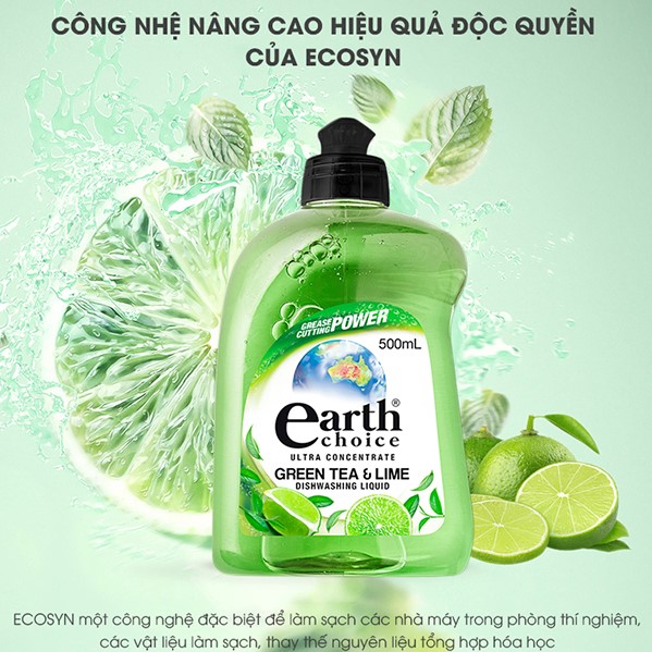 Nước rửa chén gốc thực vật đậm đặc hương chanh và trà xanh Earth Choice Úc 500ml