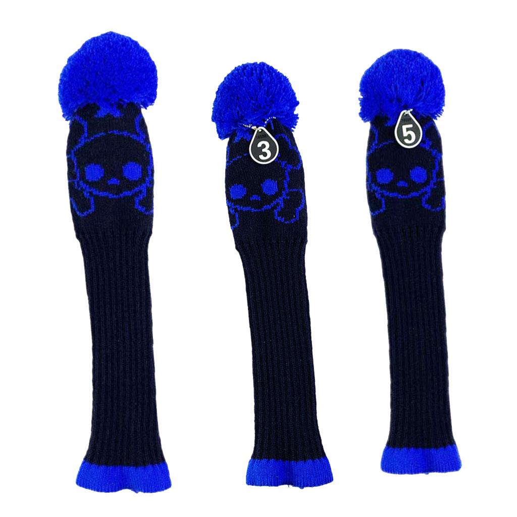 3pcs Golf Knitted Club Head Covers Driver, Fairway Headcover Black Blue