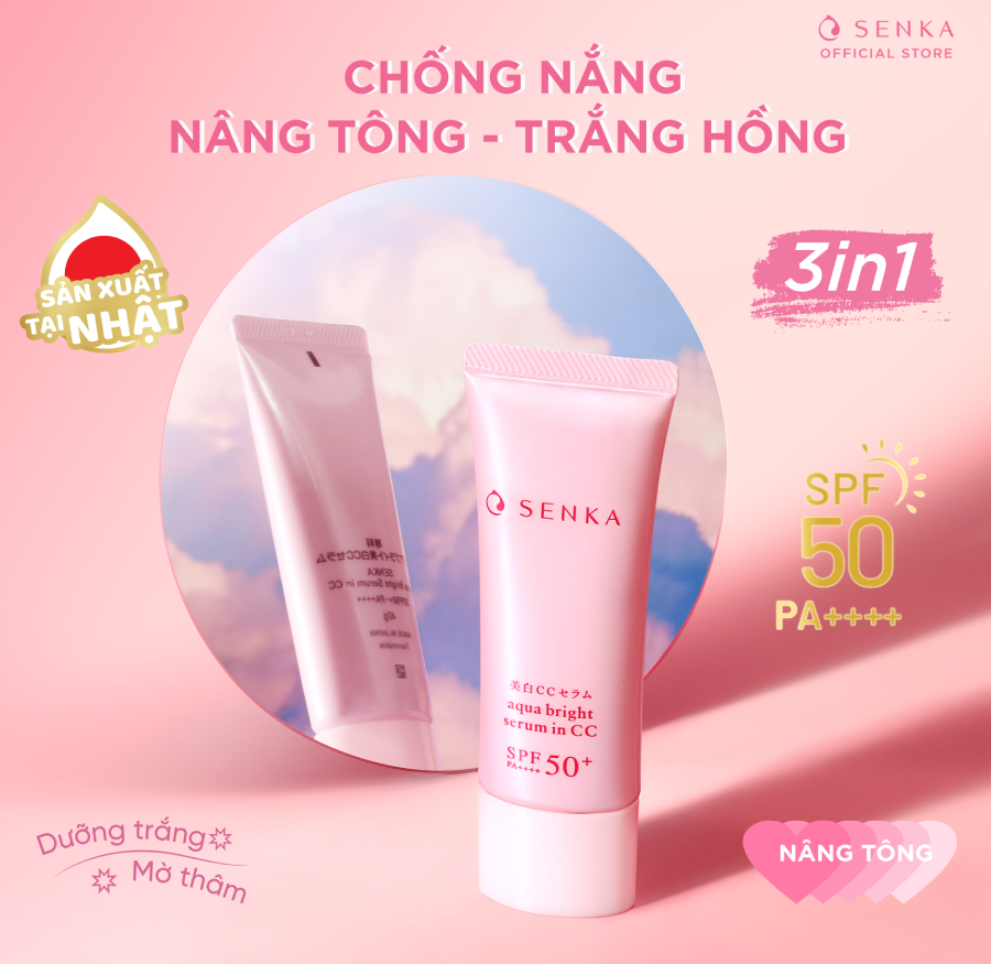 Kem chống nắng Nhật Nâng Tông Dưỡng Trắng 3IN1 Cho Da Khô - Không Gây Mụn SENKA AQUA BRIGHT CC in Serum 40g