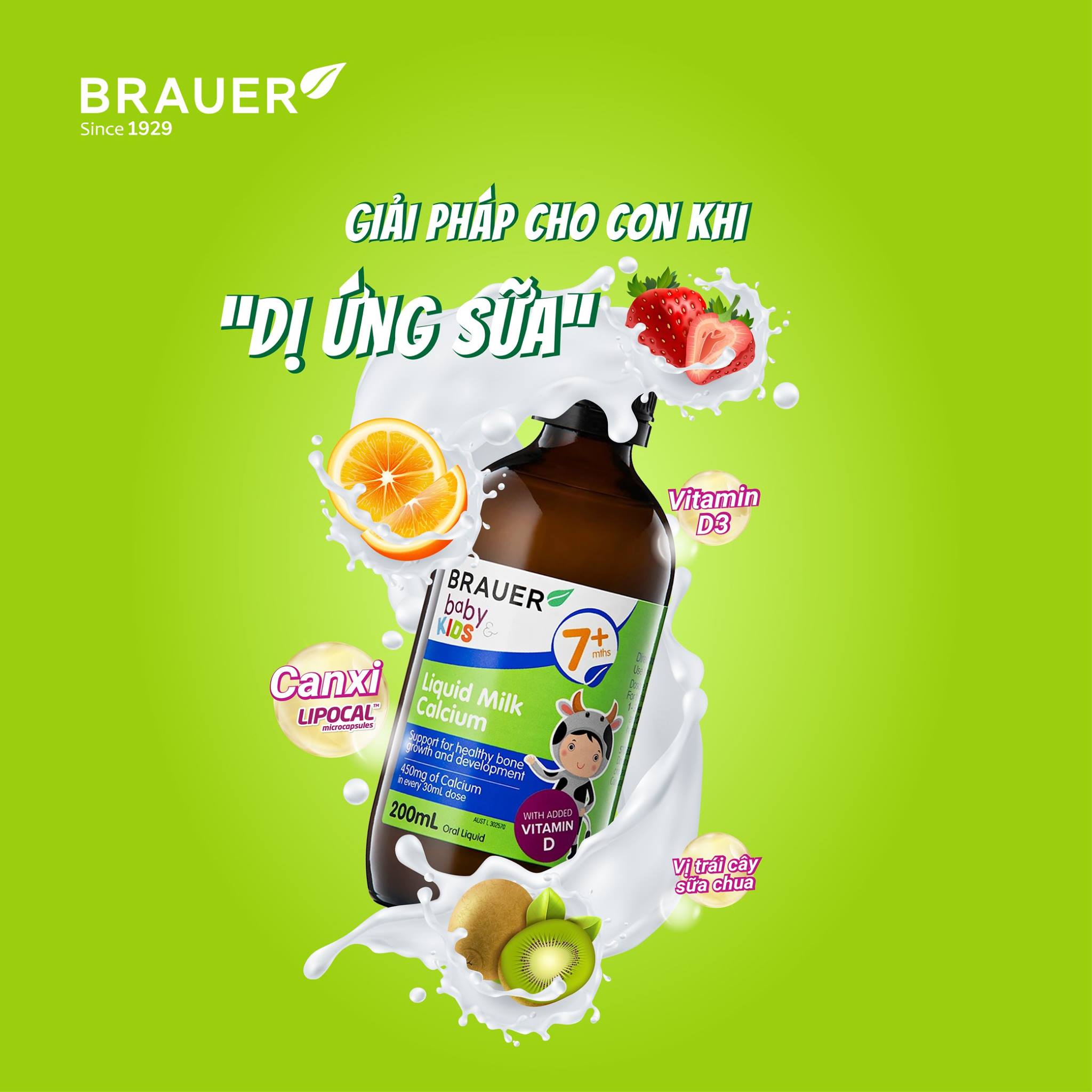 Canxi dạng sữa và Vitamin D Brauer Baby & Kids Liquid Milk Calcium cho bé từ 7 tháng tuổi (200ml)