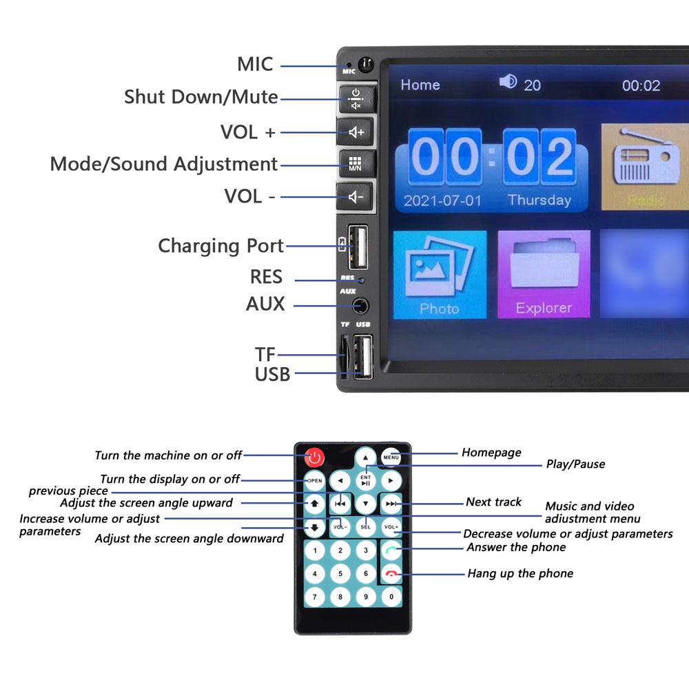 Double Din Car Stereo 7 Inch LCD Touchscreen Monitor BT MP5 Player FM Car Radio Receiver Support TF/USB/AUX-IN Mobile
