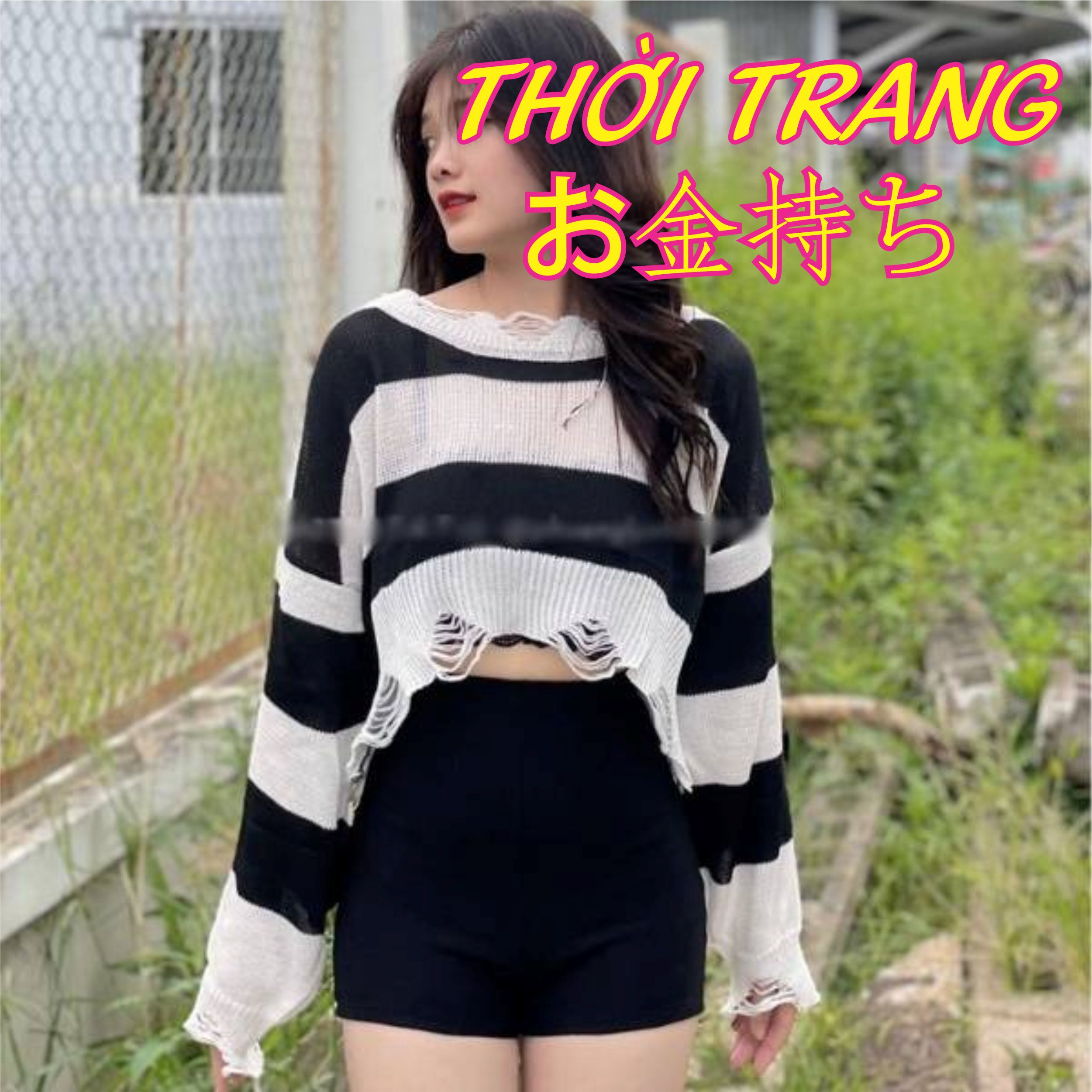 Áo len mongtoghi dài tay kẻ đen trắng lưới rách cá tính nữ 170