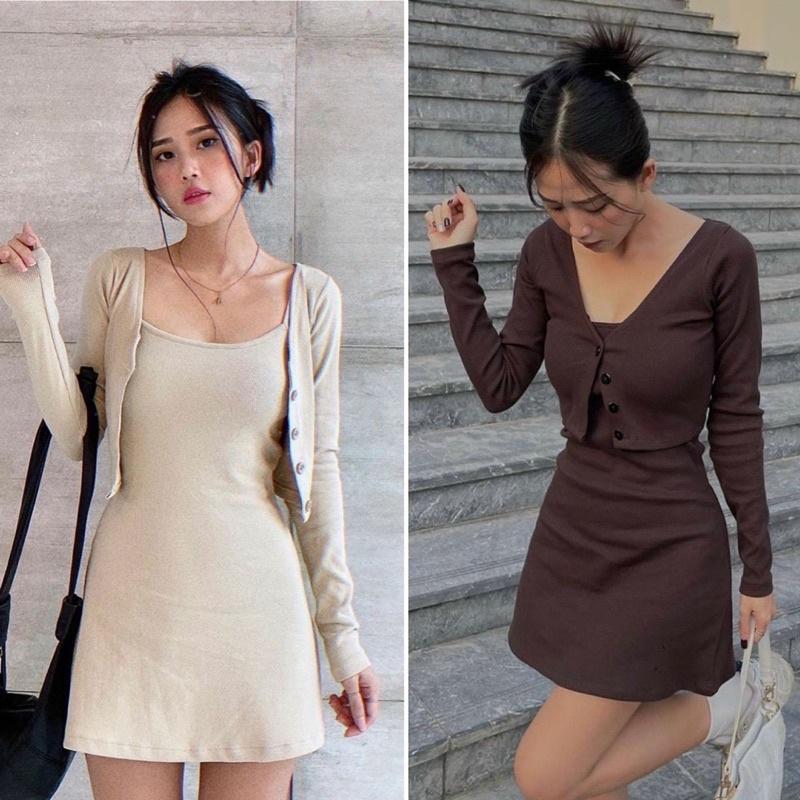 Set đầm body hai dây kèm áo khoác
