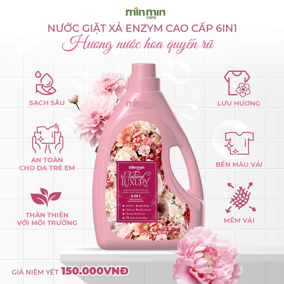 1 Can 3,2kg Nước Giặt Xả Luxury Min Min Care Hương Nước Hoa Quyến Rũ Màu Hồng