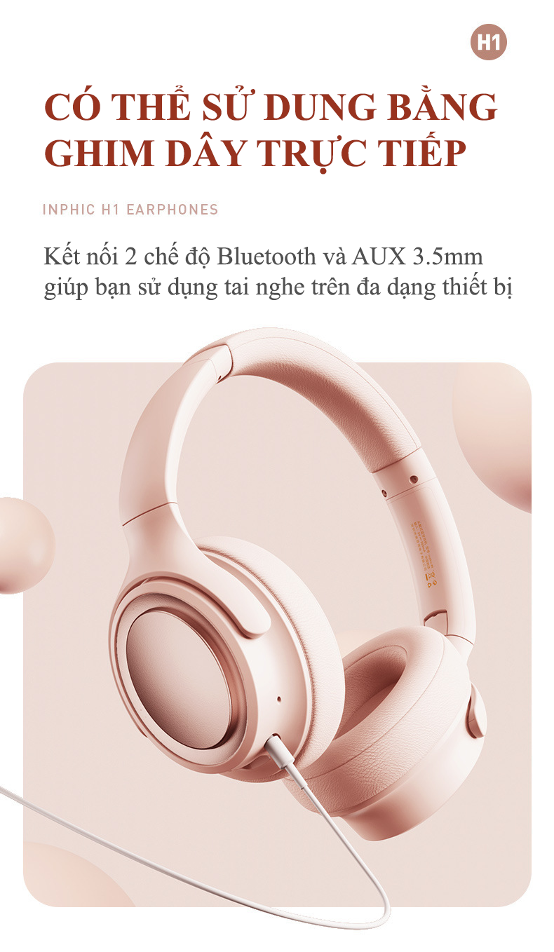 Tai nghe không dây INPHIC H1 kết nối Bluetooth 5.3 và cổng AUX 3.5mm dung lượng pin lớn 600mAh với âm thanh cực hay - Hàng Chính Hãng