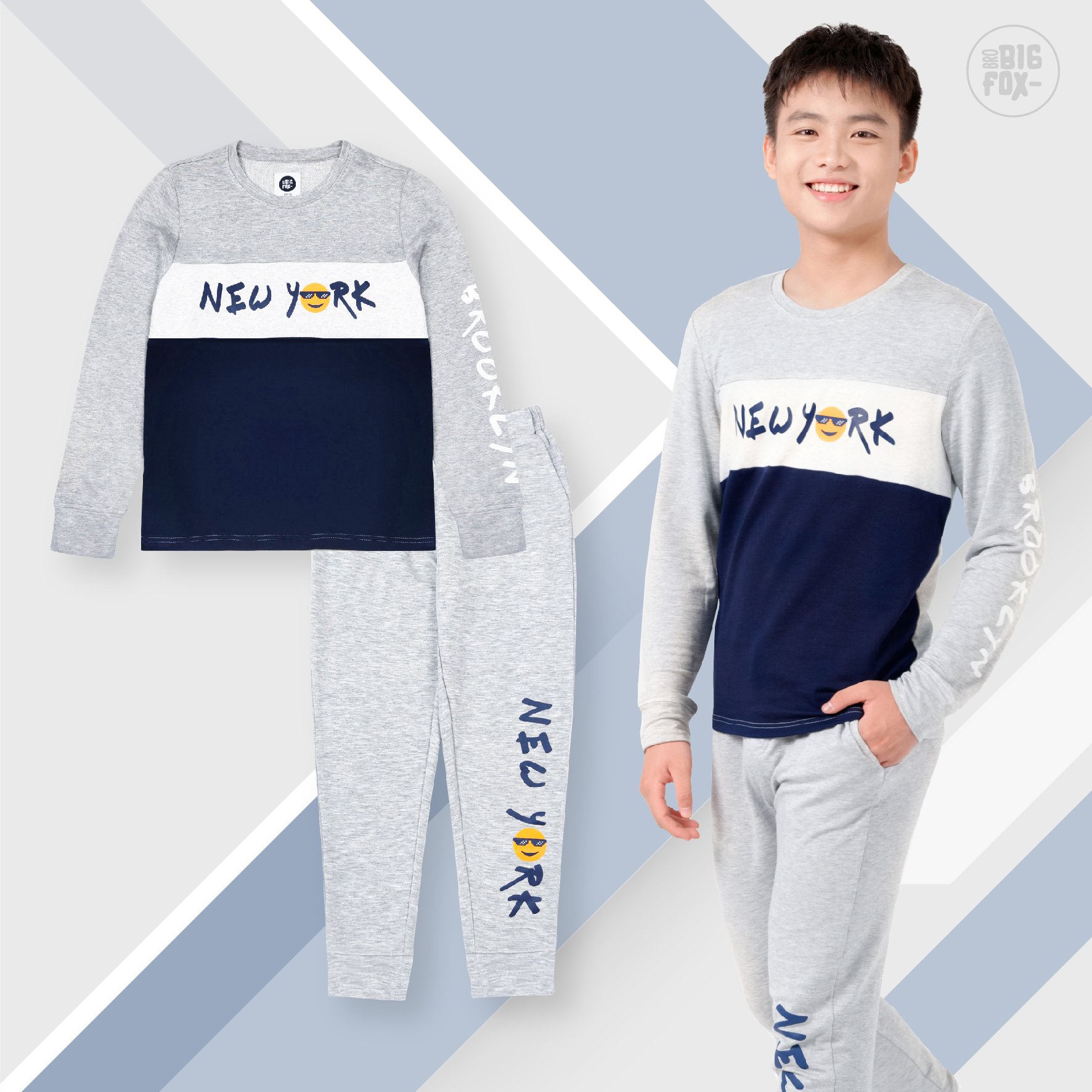 Bộ dài tay bé trai BIGFOX - MISS MEOW size đại, bộ thu đông cho bé phong cách Âu Mỹ hình in New York 41- 56kg QATE