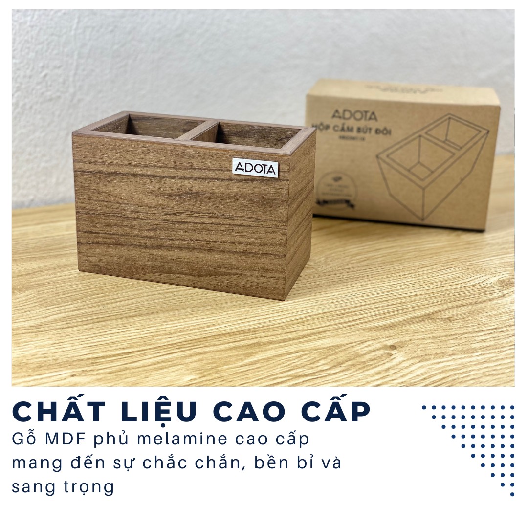 Combo: Hộp cắm bút đơn và hộp cắm bút đôi bằng gỗ, ống đựng bút để bàn làm việc cao cấp phong cách sang trọng ADOTA