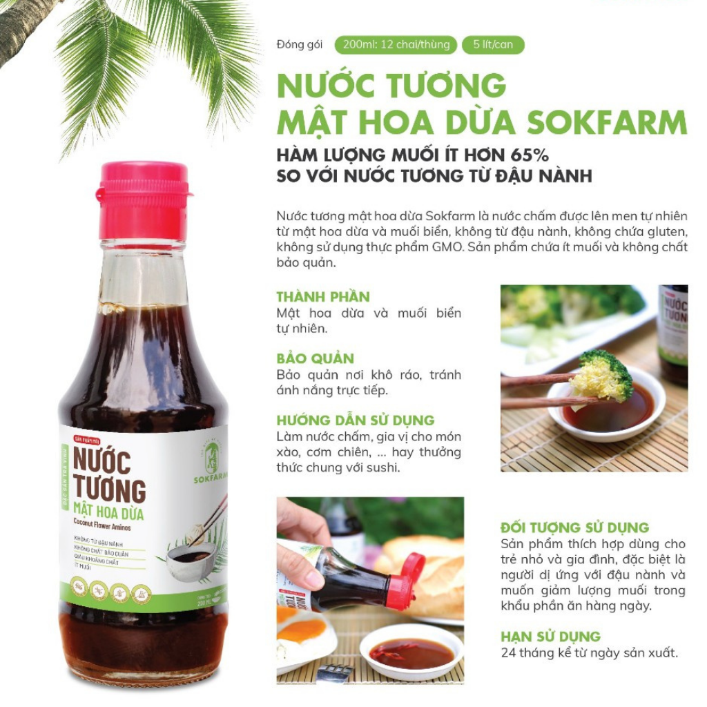 Nước tương mật hoa dừa Sokfarm Chai 200ml - Lượng muối cực thấp, không gluten, không chất bảo quản. dùng được cho bé ăn dặm