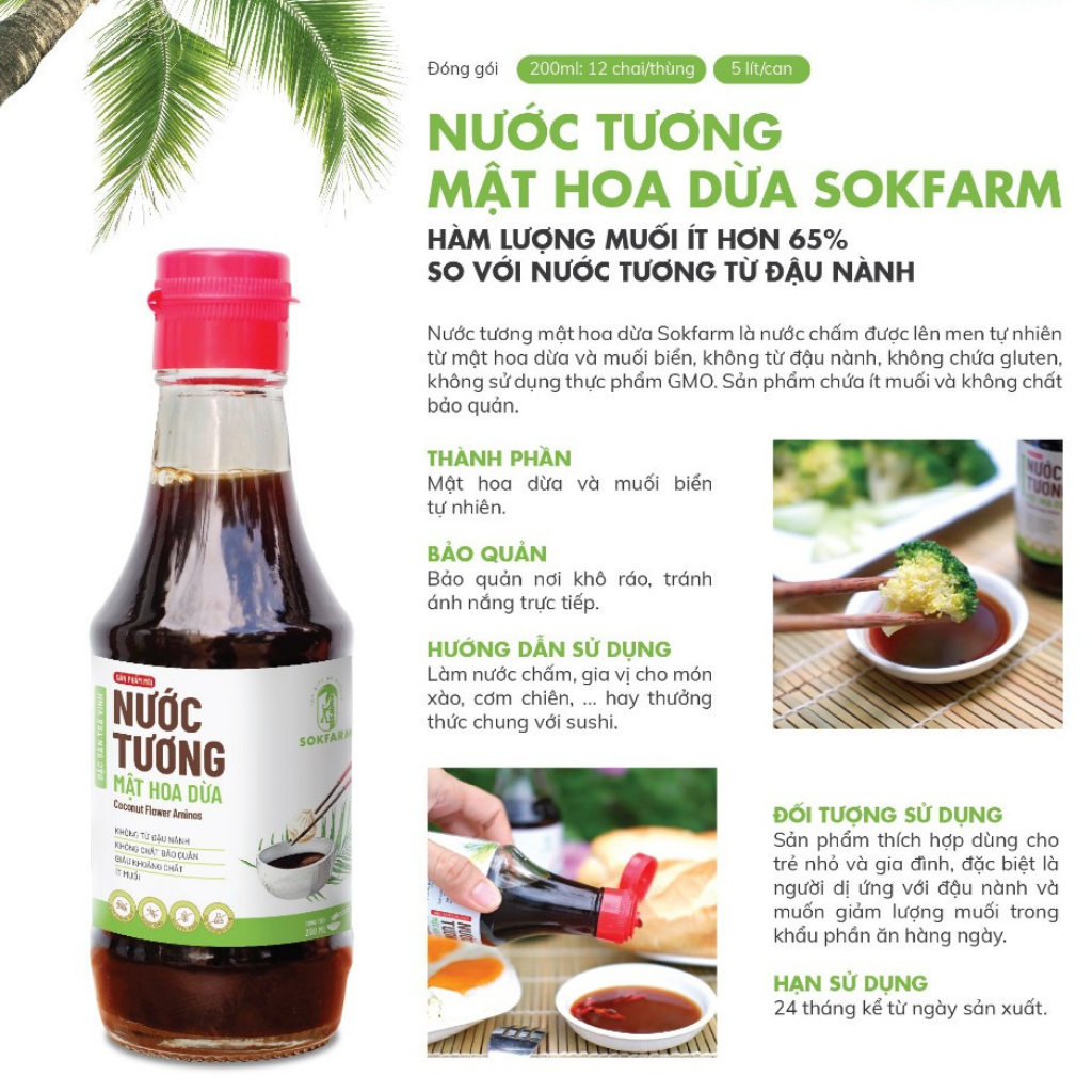 Nước tương mật hoa dừa Sokfarm - Lượng muối cực thấp, không từ đậu nành, không chất bảo quản. không chất điều vị, dùng được cho bé ăn dặm