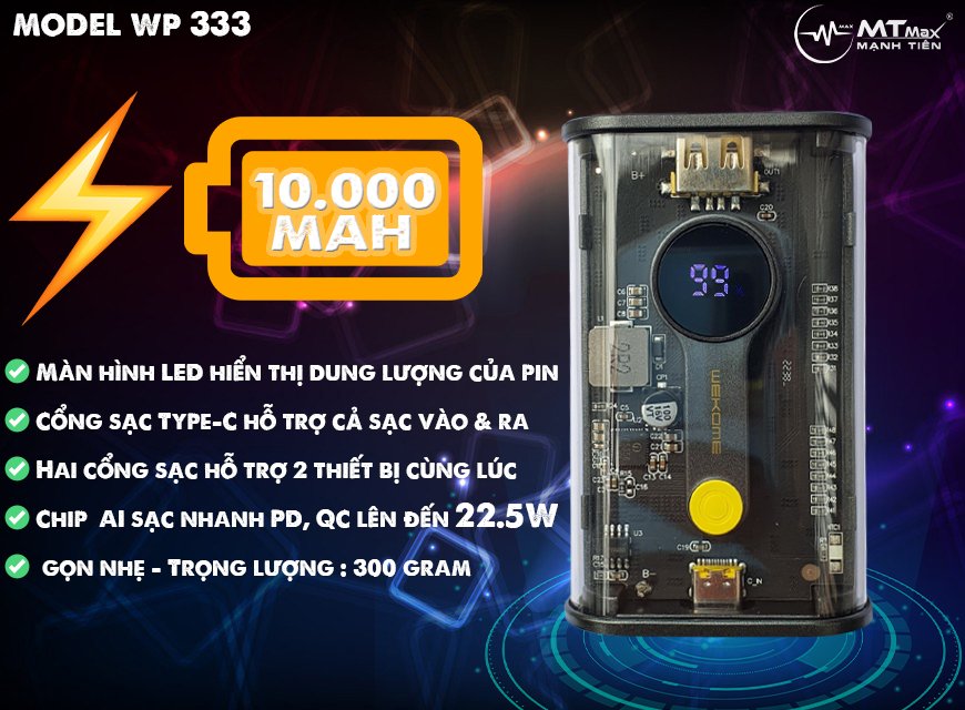 Sạc dự phòng trong sup6t1 WEKOME WP 333 dung lượng 10000mah hỗ trợ sạc nhanh 20W màn hình led hiển thị phần trăm pin cực sang hàng nhập khẩu